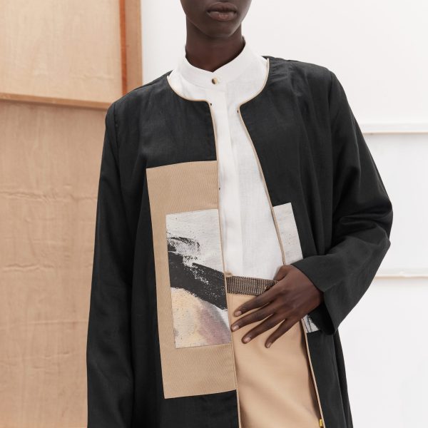 BLACK LINEN WITH PEACH ART