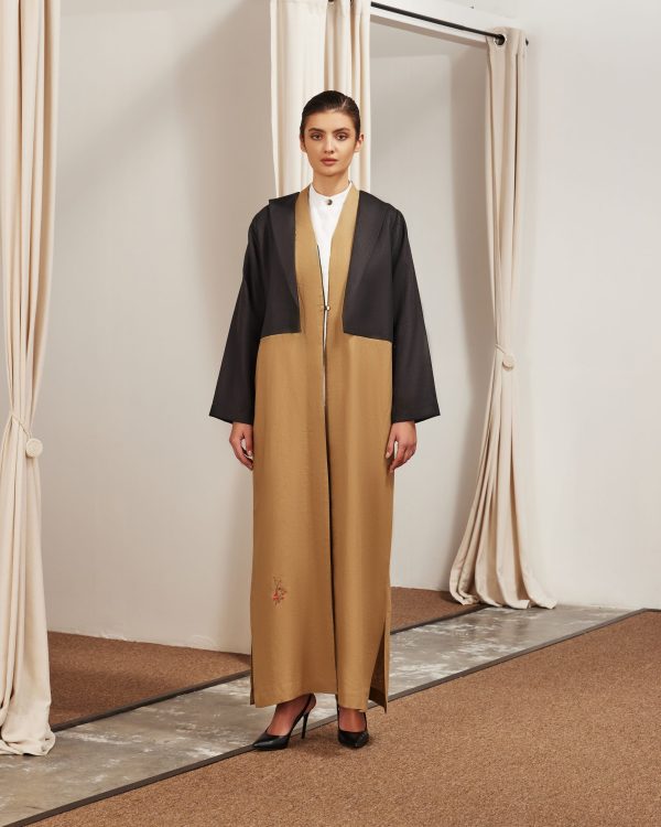 beige linen with black jacket